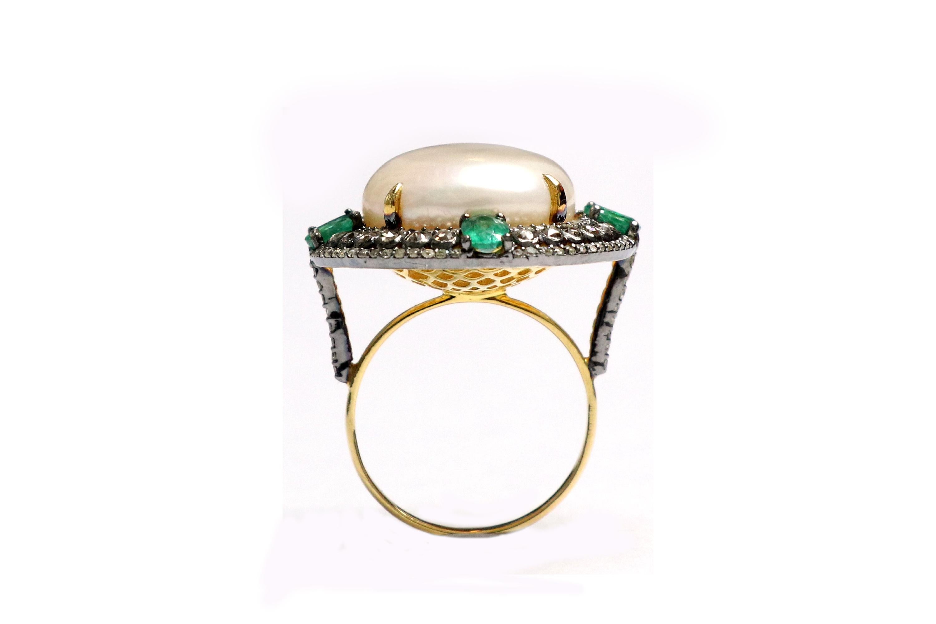 Victorian Style Emerald, Diamond, and Pearl Statement Ring In New Condition In Jaipur, IN