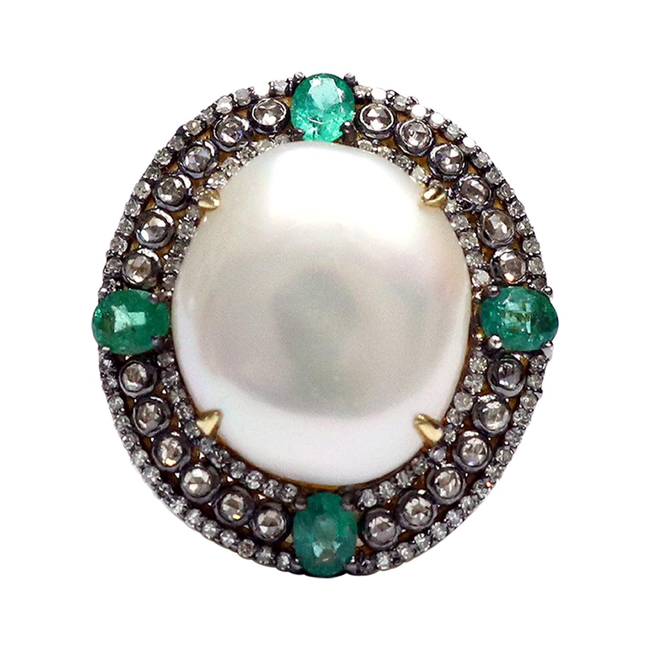 Victorian Style Emerald, Diamond, and Pearl Statement Ring
