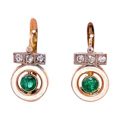 Vintage Victorian Style Emerald Diamond White Enamel Gold Earrings Fine Estate Jewelry