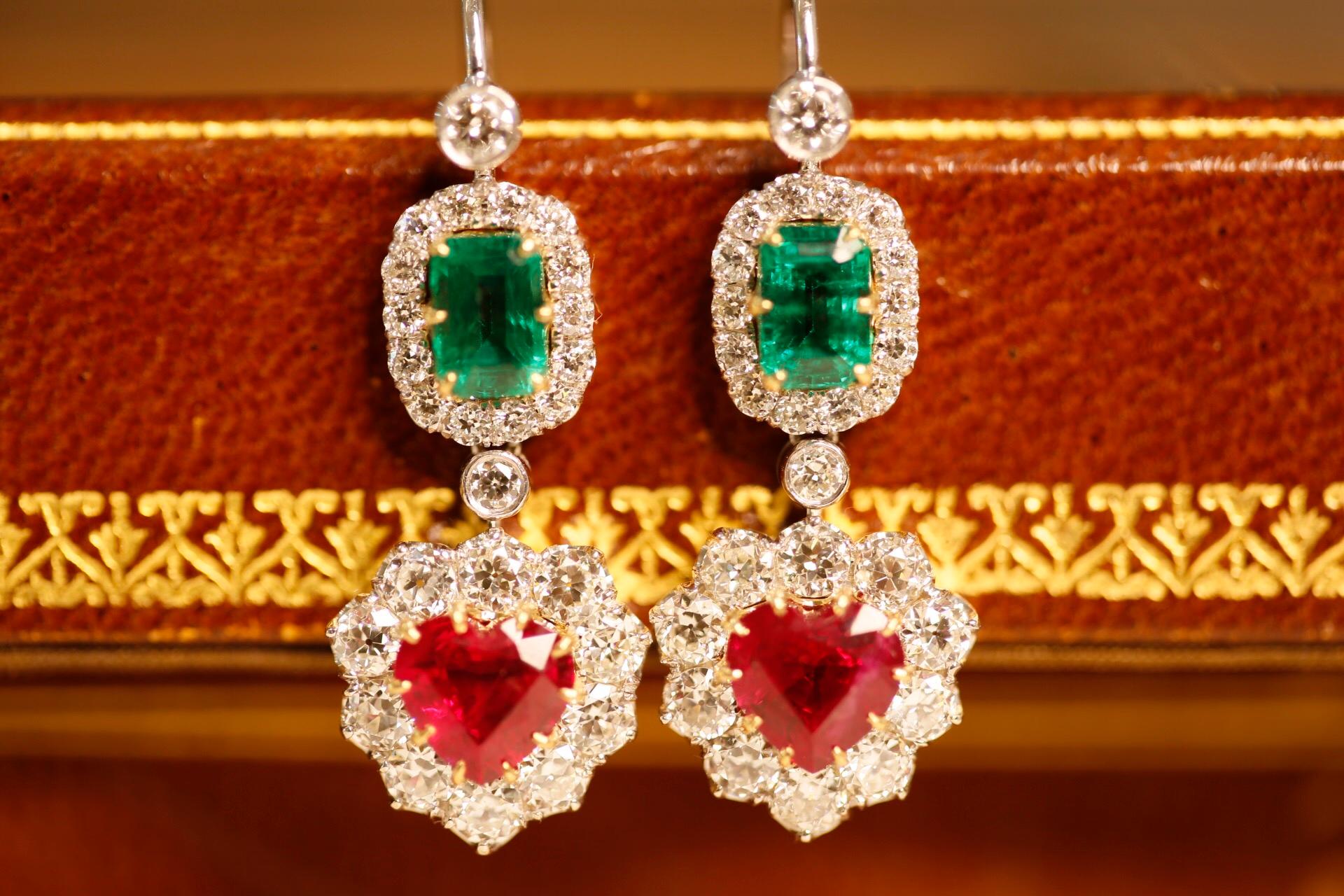 Victorian Style Emerald, Ruby and Diamond Drop 18 Karat White Gold Drop Earrings 1