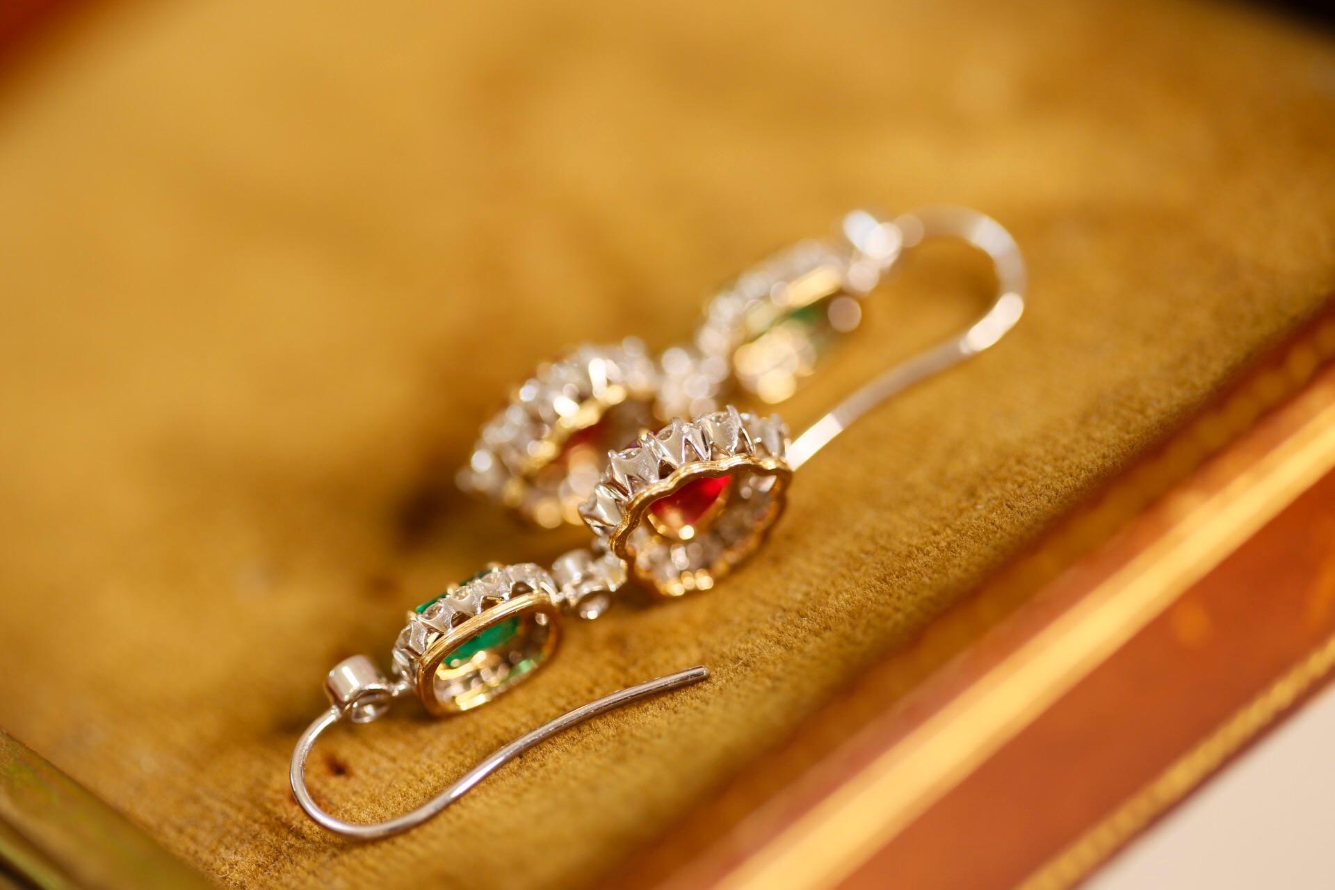 Victorian Style Emerald, Ruby and Diamond Drop 18 Karat White Gold Drop Earrings 2