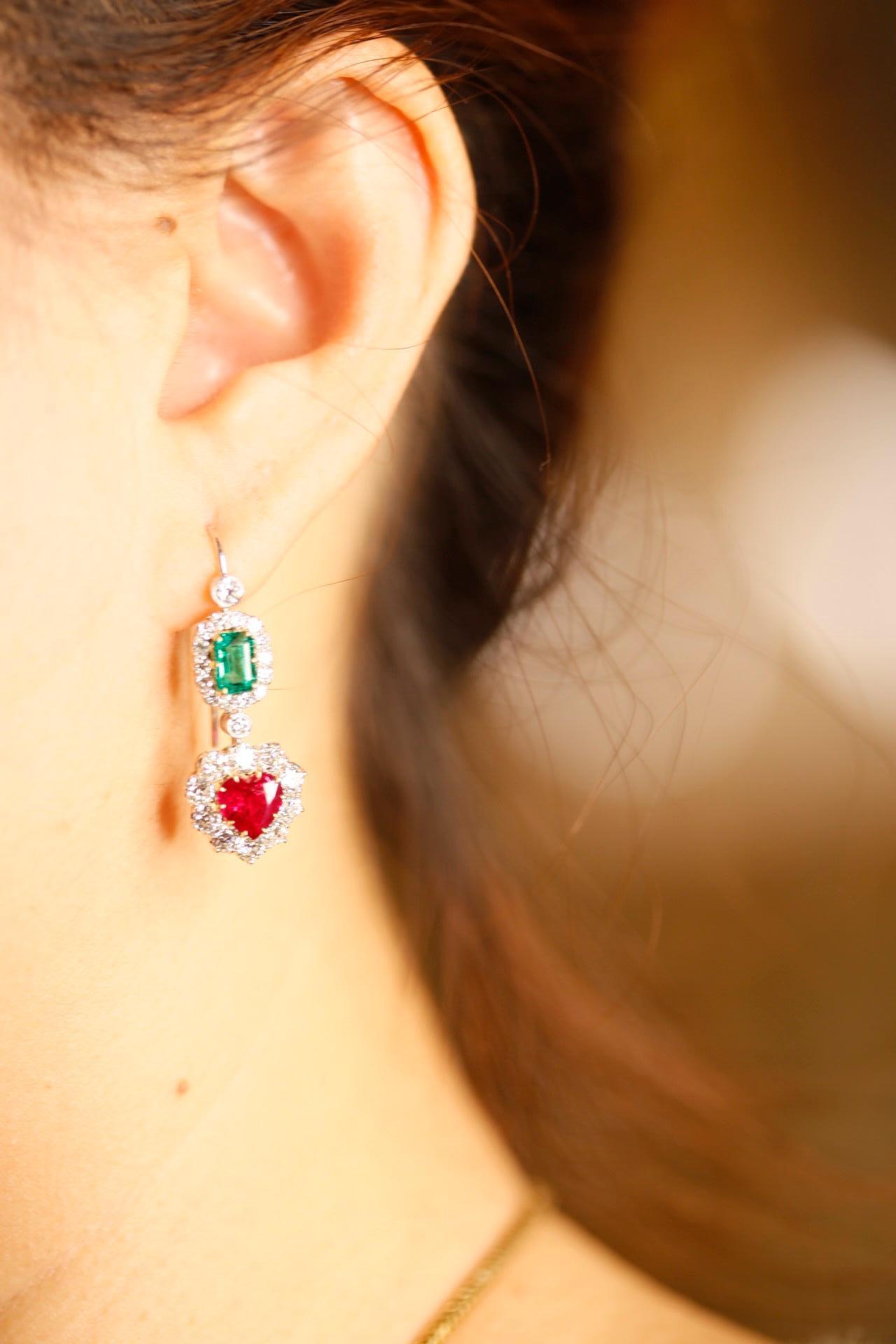 Victorian Style Emerald, Ruby and Diamond Drop 18 Karat White Gold Drop Earrings 4