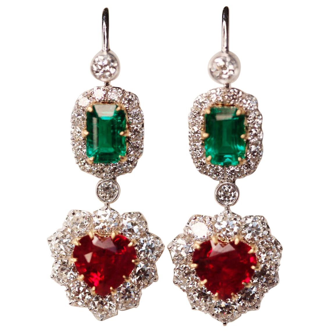 Victorian Style Emerald, Ruby and Diamond Drop 18 Karat White Gold Drop Earrings