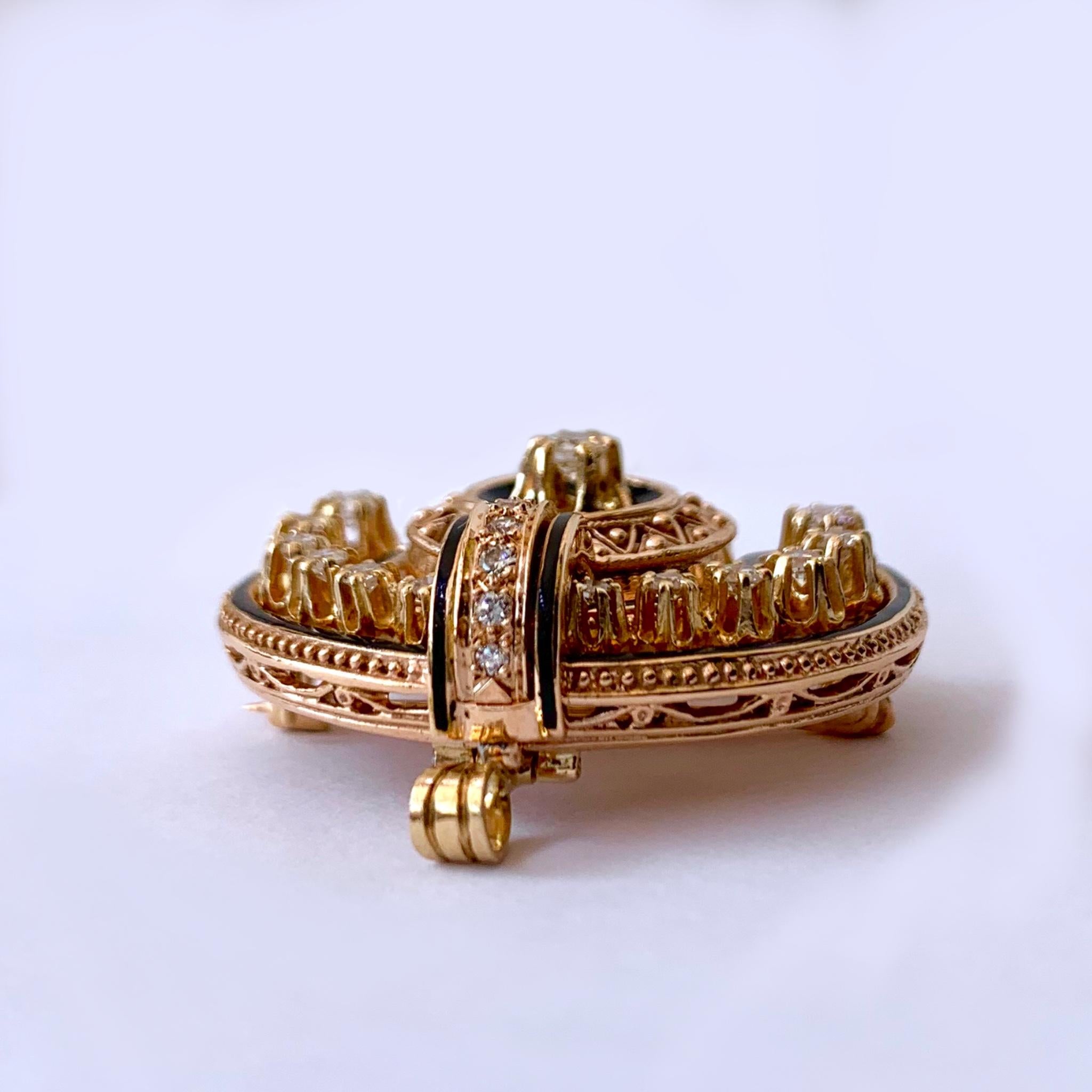 Round Cut Victorian Style 14 Karat Yellow Gold Enamel and Diamond Pin/Pendant For Sale