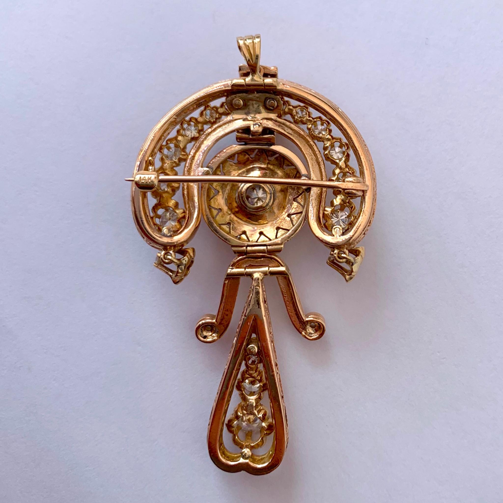 Victorian Style 14 Karat Yellow Gold Enamel and Diamond Pin/Pendant In Good Condition For Sale In Los Angeles, CA