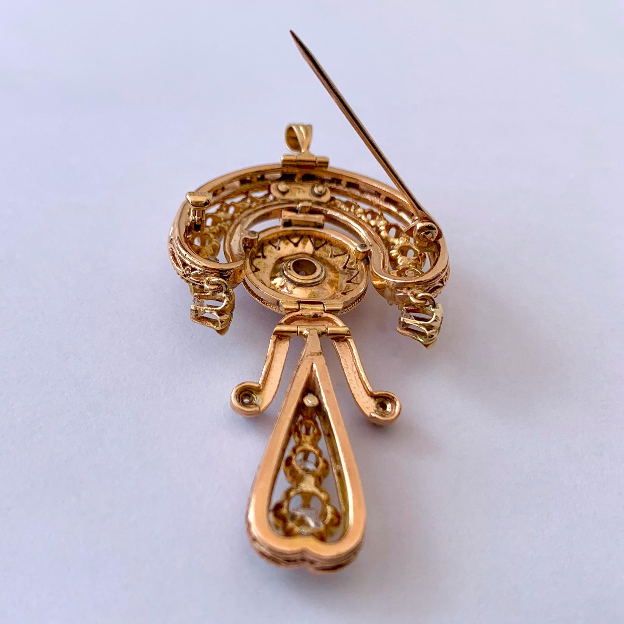 Women's Victorian Style 14 Karat Yellow Gold Enamel and Diamond Pin/Pendant For Sale