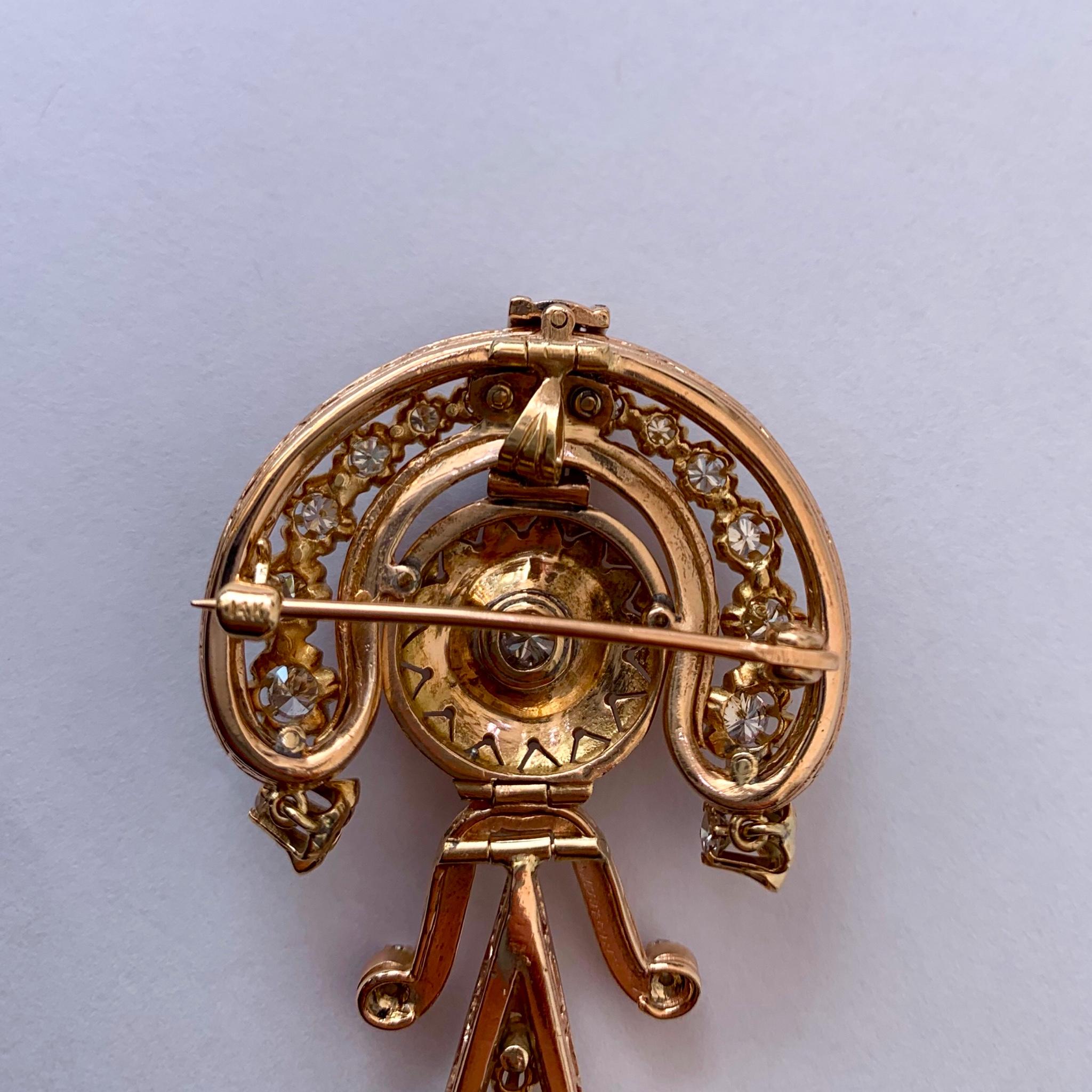 Victorian Style 14 Karat Yellow Gold Enamel and Diamond Pin/Pendant For Sale 1