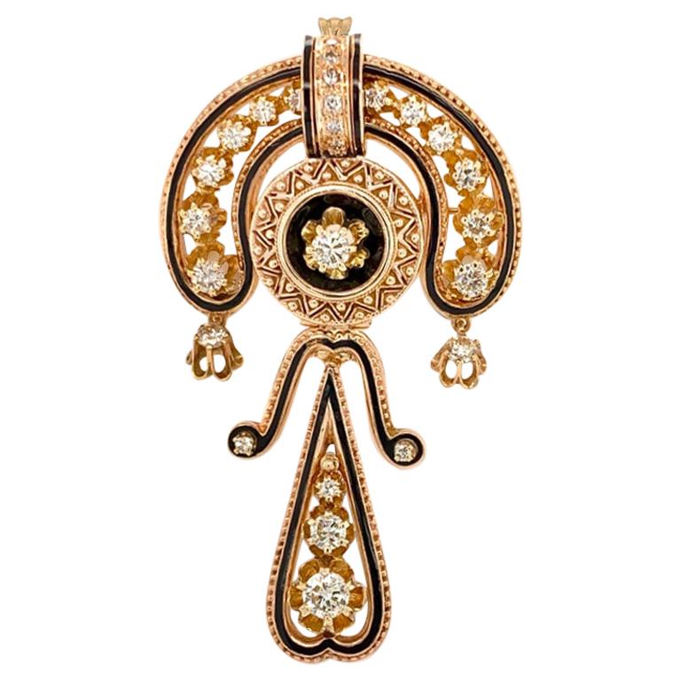 Victorian Style 14 Karat Yellow Gold Enamel and Diamond Pin/Pendant For Sale