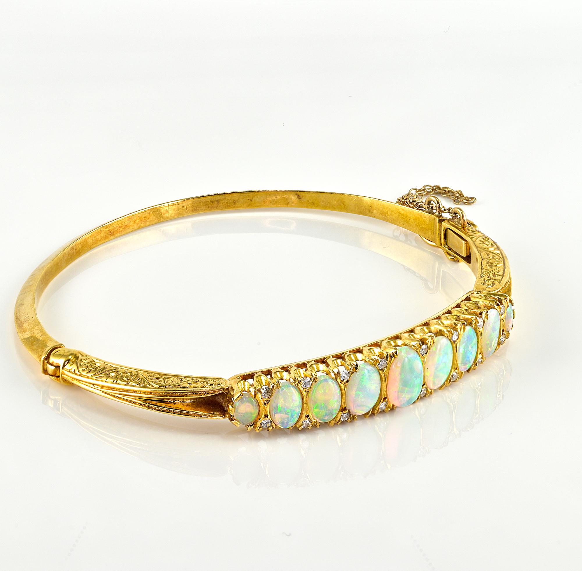 Cabochon Victorian Style English Diamond Opal 18 KT Carved Bangle For Sale