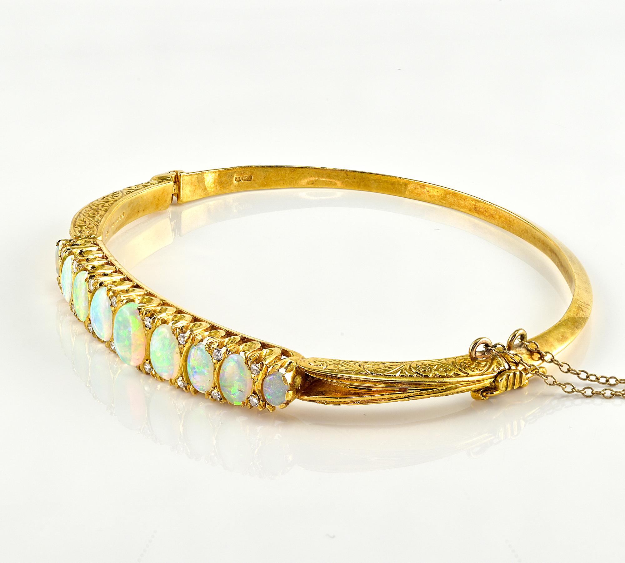 Women's Victorian Style English Diamond Opal 18 KT Carved Bangle For Sale