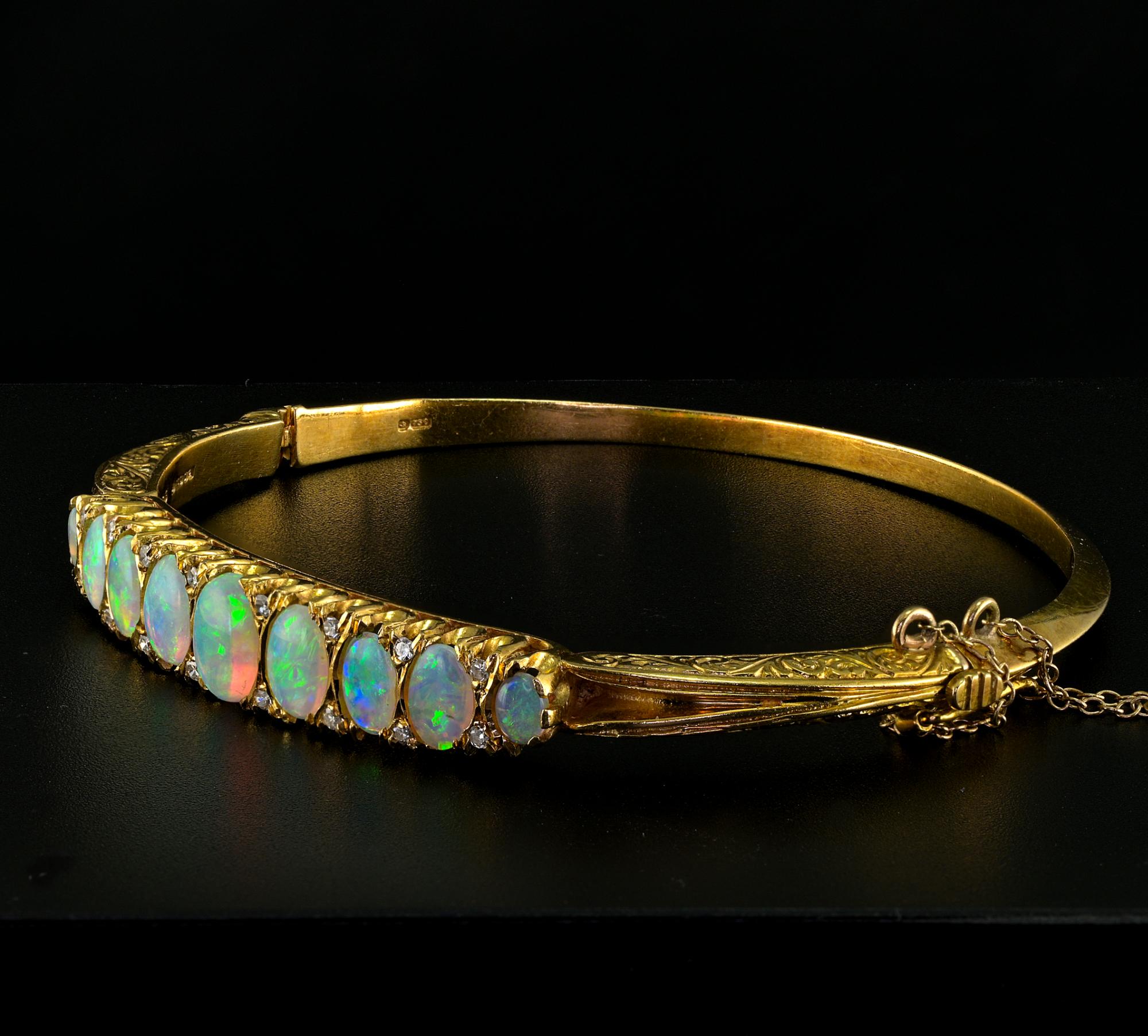 Victorian Style English Diamond Opal 18 KT Carved Bangle For Sale 1