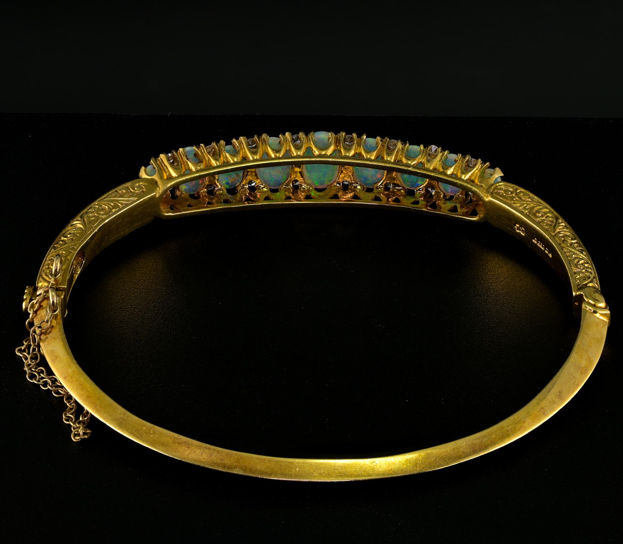 Victorian Style English Diamond Opal 18 KT Carved Bangle For Sale 3