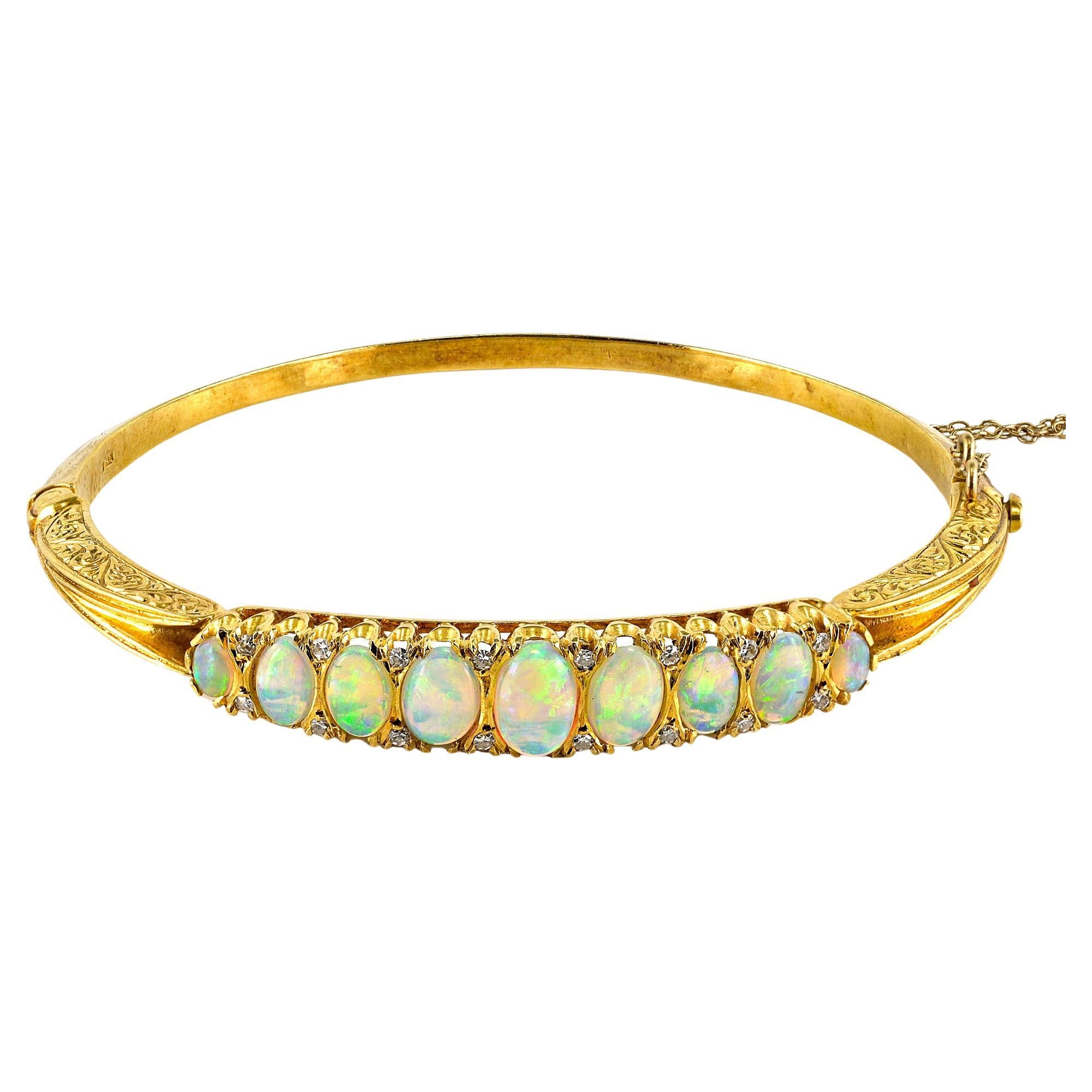 Victorian Style English Diamond Opal 18 KT Carved Bangle For Sale