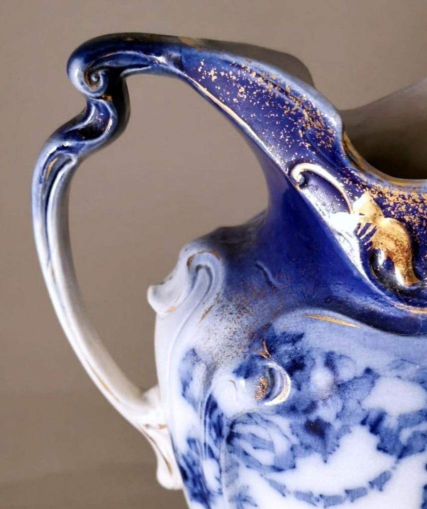Victorian Style English White, Blue And Gold Porcelain Pitcher For Sale 3