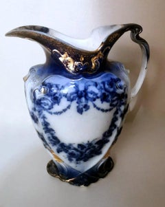 Victorian Style English White, Blue And Gold Porcelain Pitcher