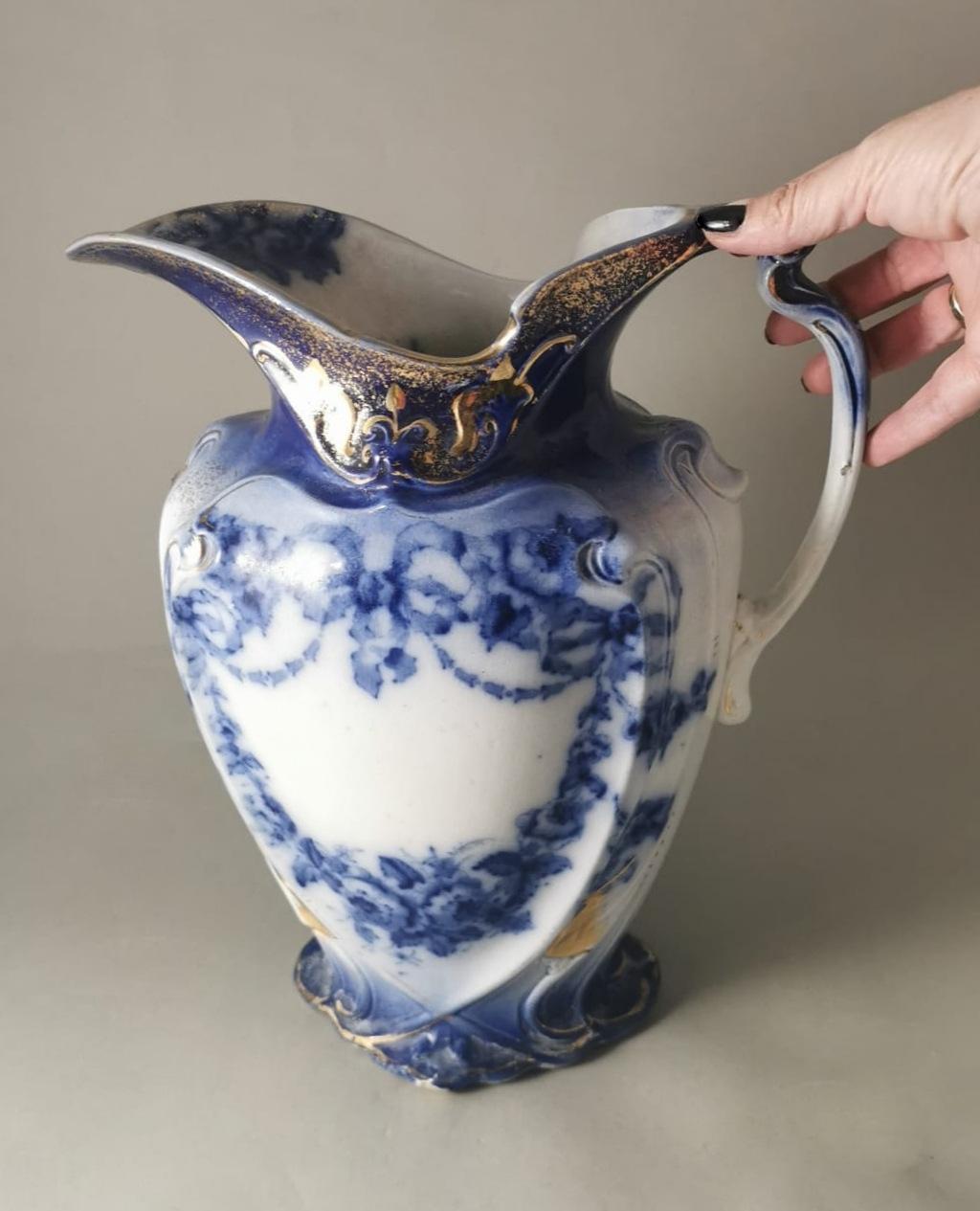 Victorian Style English White, Blue And Gold Porcelain Pitcher For Sale 13