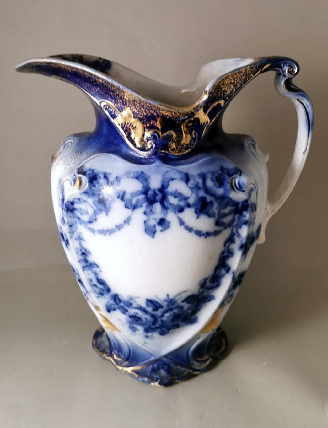 Late Victorian Victorian Style English White, Blue And Gold Porcelain Pitcher For Sale