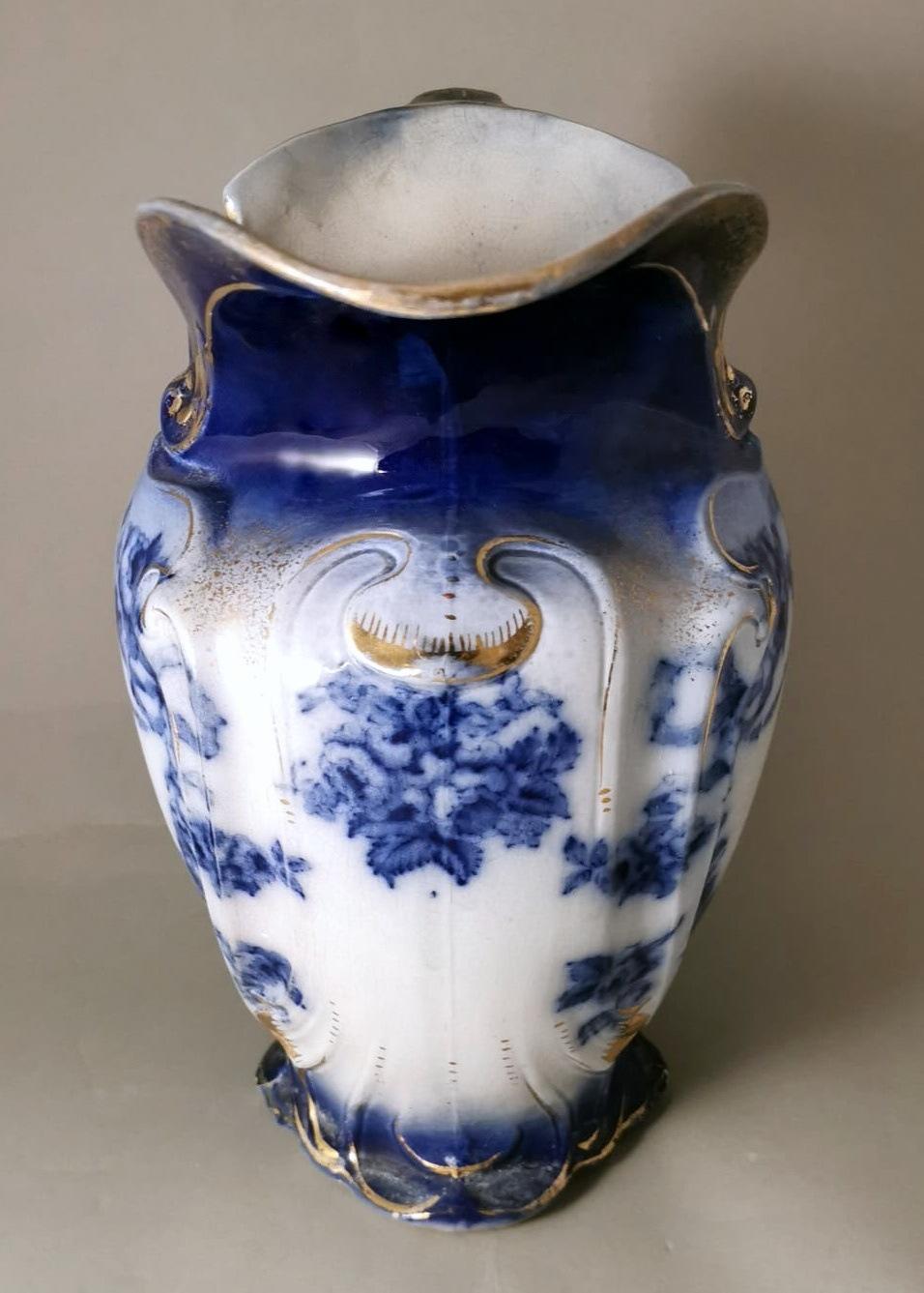 Painted Victorian Style English White, Blue And Gold Porcelain Pitcher For Sale