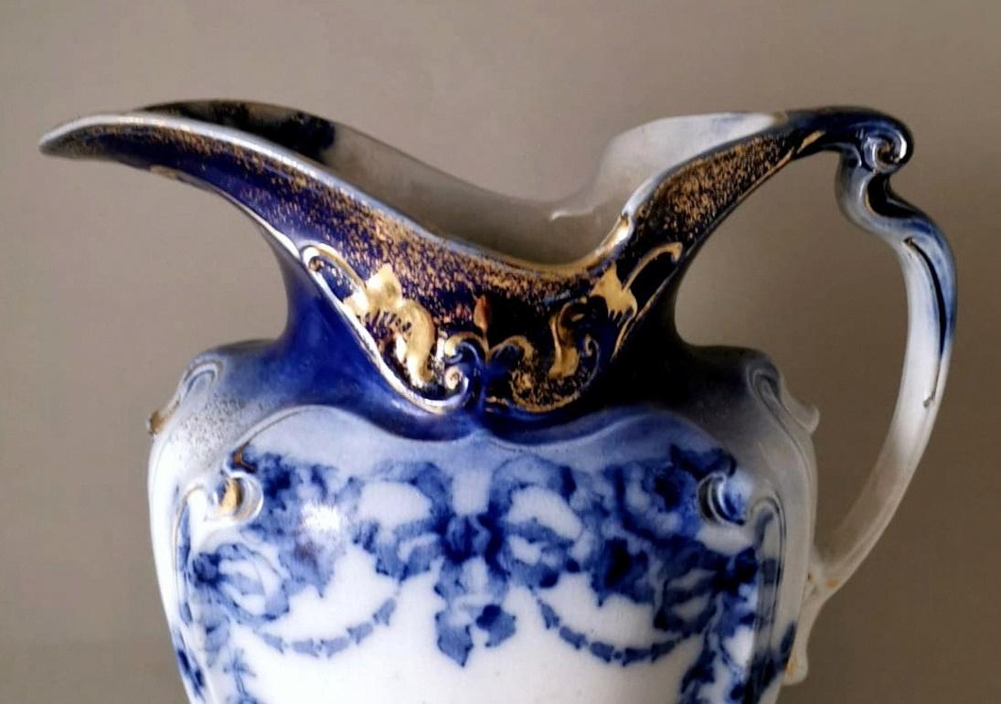 19th Century Victorian Style English White, Blue And Gold Porcelain Pitcher For Sale