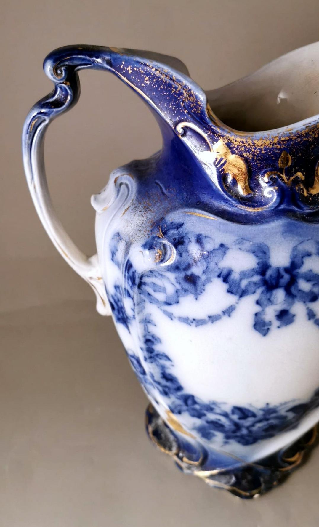 Victorian Style English White, Blue And Gold Porcelain Pitcher For Sale 1
