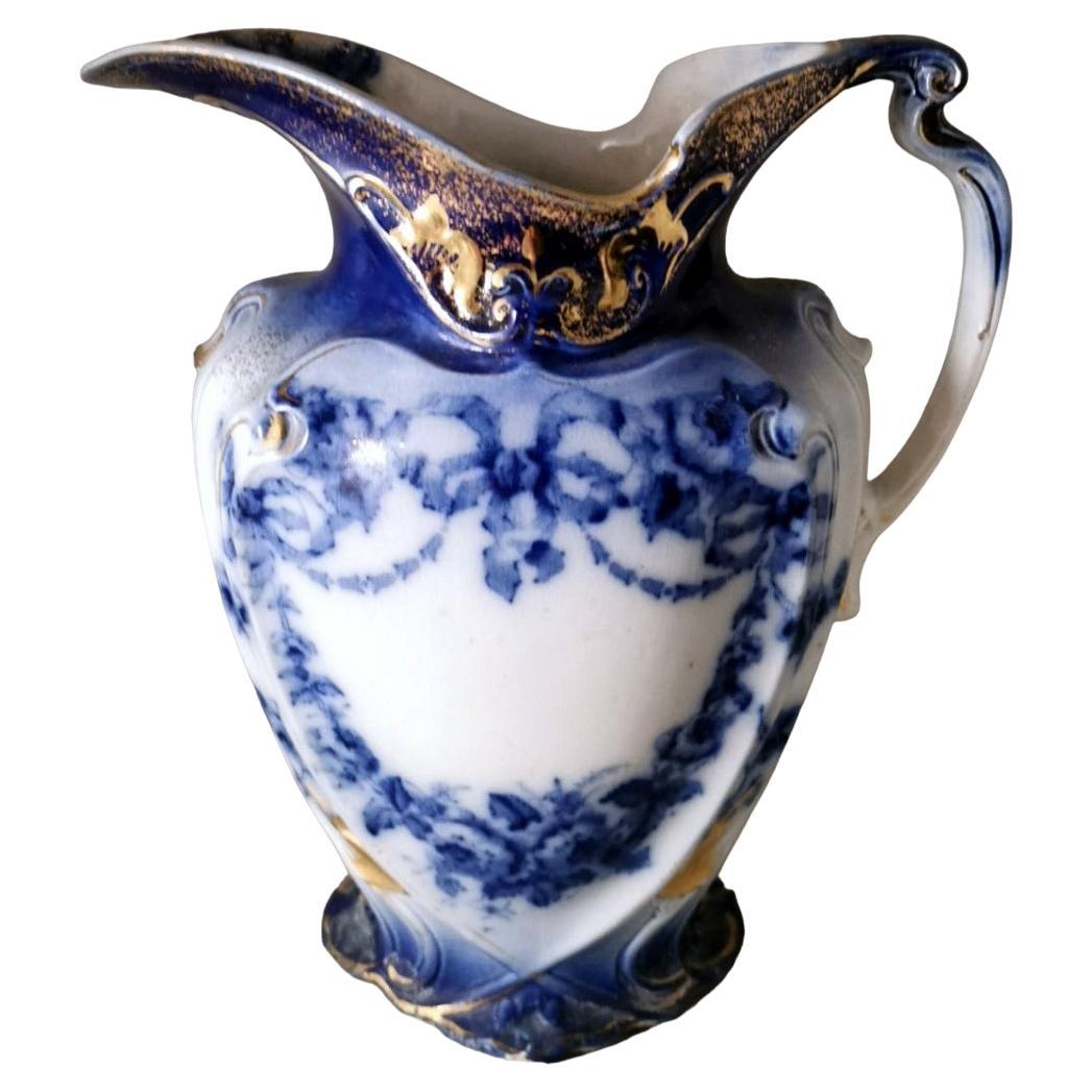 Victorian Style English White, Blue And Gold Porcelain Pitcher For Sale