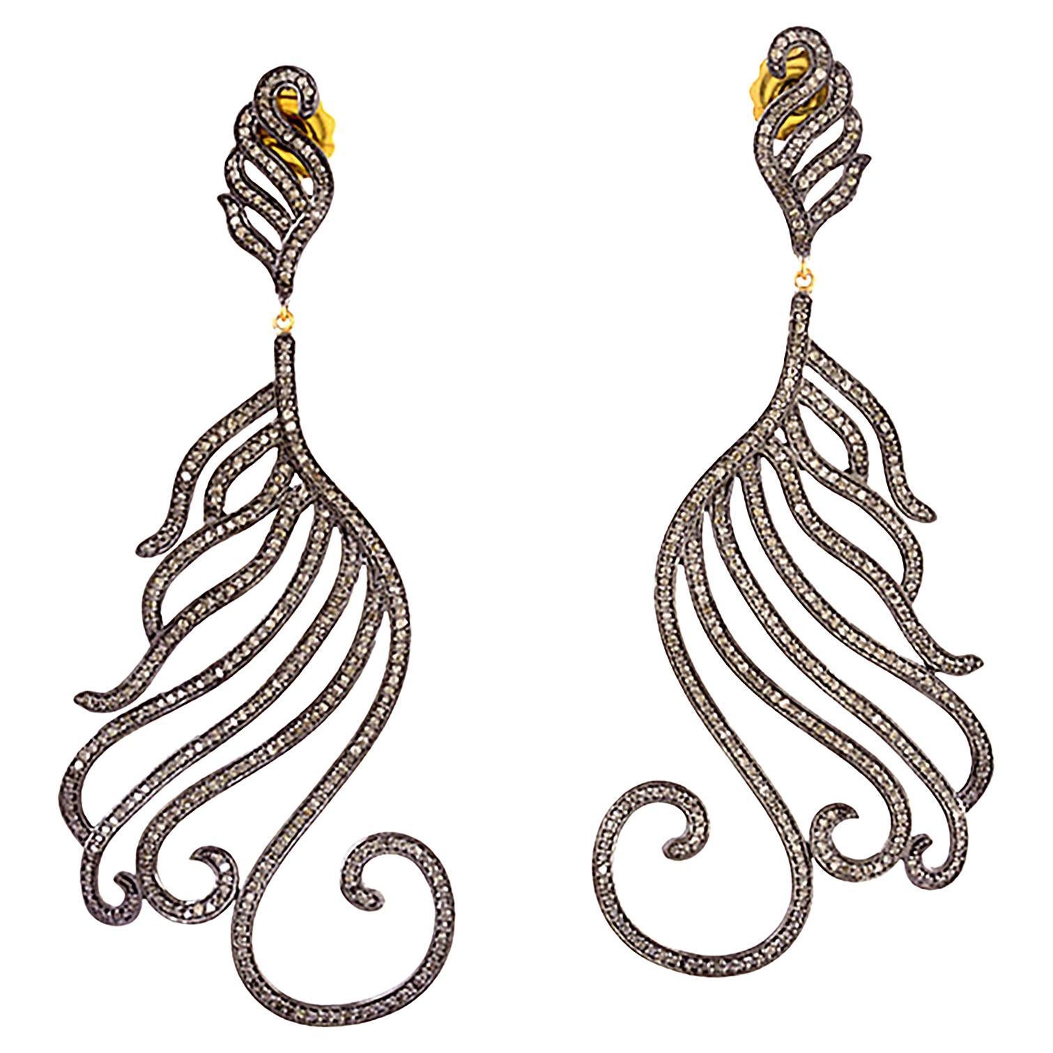 Victorian Style Exquisite Diamond Feather Wing Dangle Earrings In Gold 
Silver For Sale