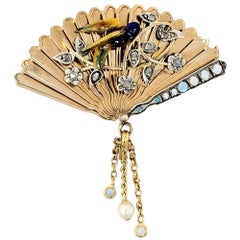 Antique Victorian Style Fan Motif Brooch with Enamel Bird, Diamonds, Opals and Pearl