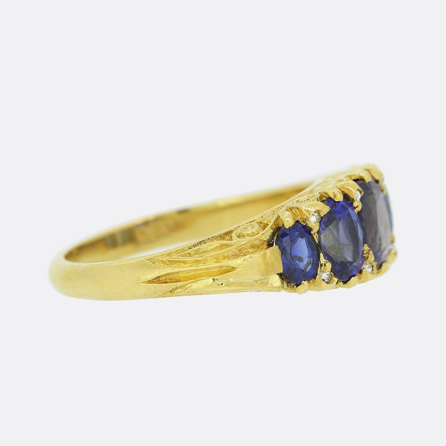 Rose Cut Victorian Style Five Stone Sapphire and Diamond Ring For Sale