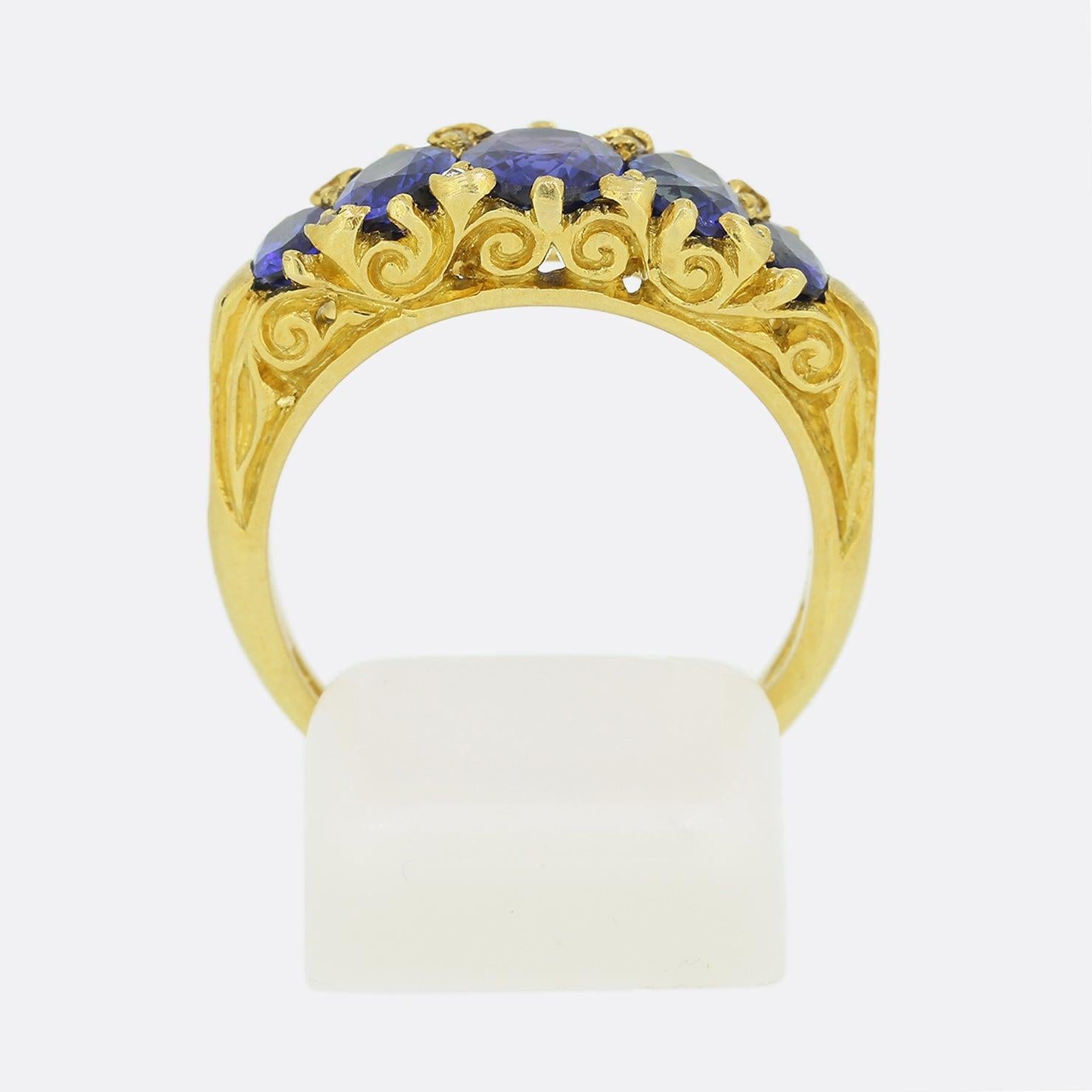 Women's Victorian Style Five Stone Sapphire and Diamond Ring For Sale