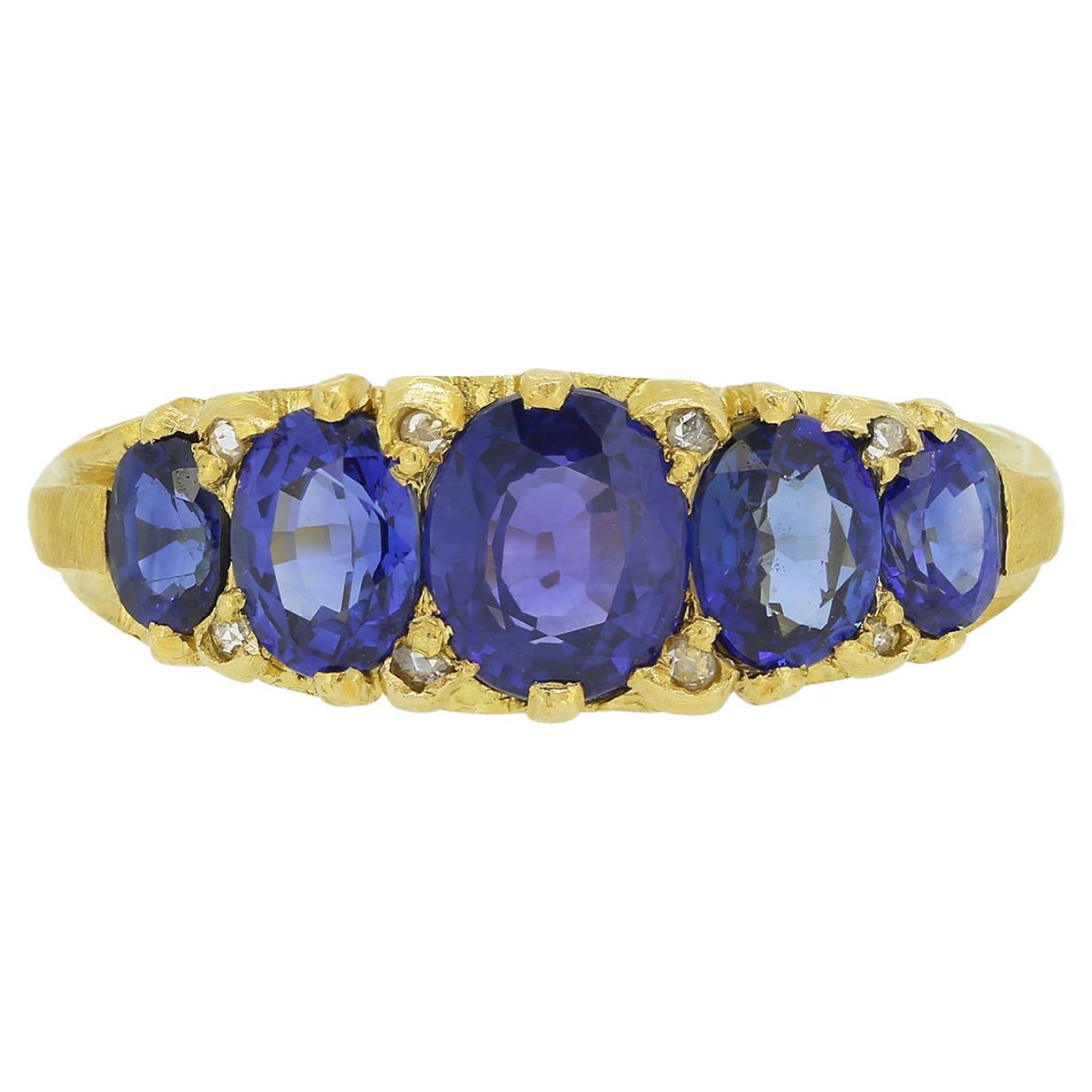 Victorian Style Five Stone Sapphire and Diamond Ring For Sale