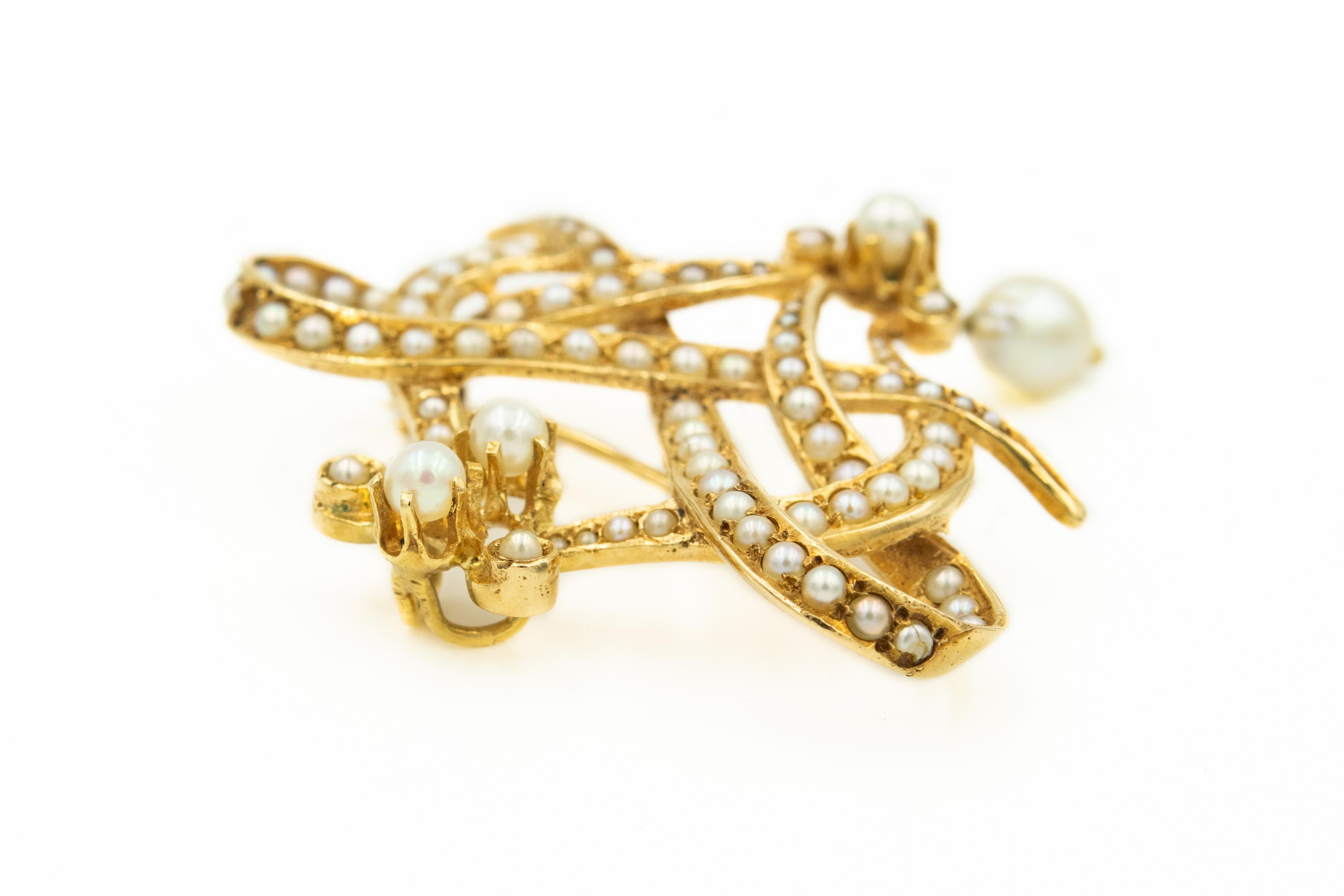Bead Victorian Style Garland Ribbon Pearl Yellow Gold Brooch Pin Pendant and Earrings For Sale