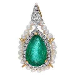 Victorian Style Gemstone / Pear Cut Natural Emerald Pearl Diamond Pendant