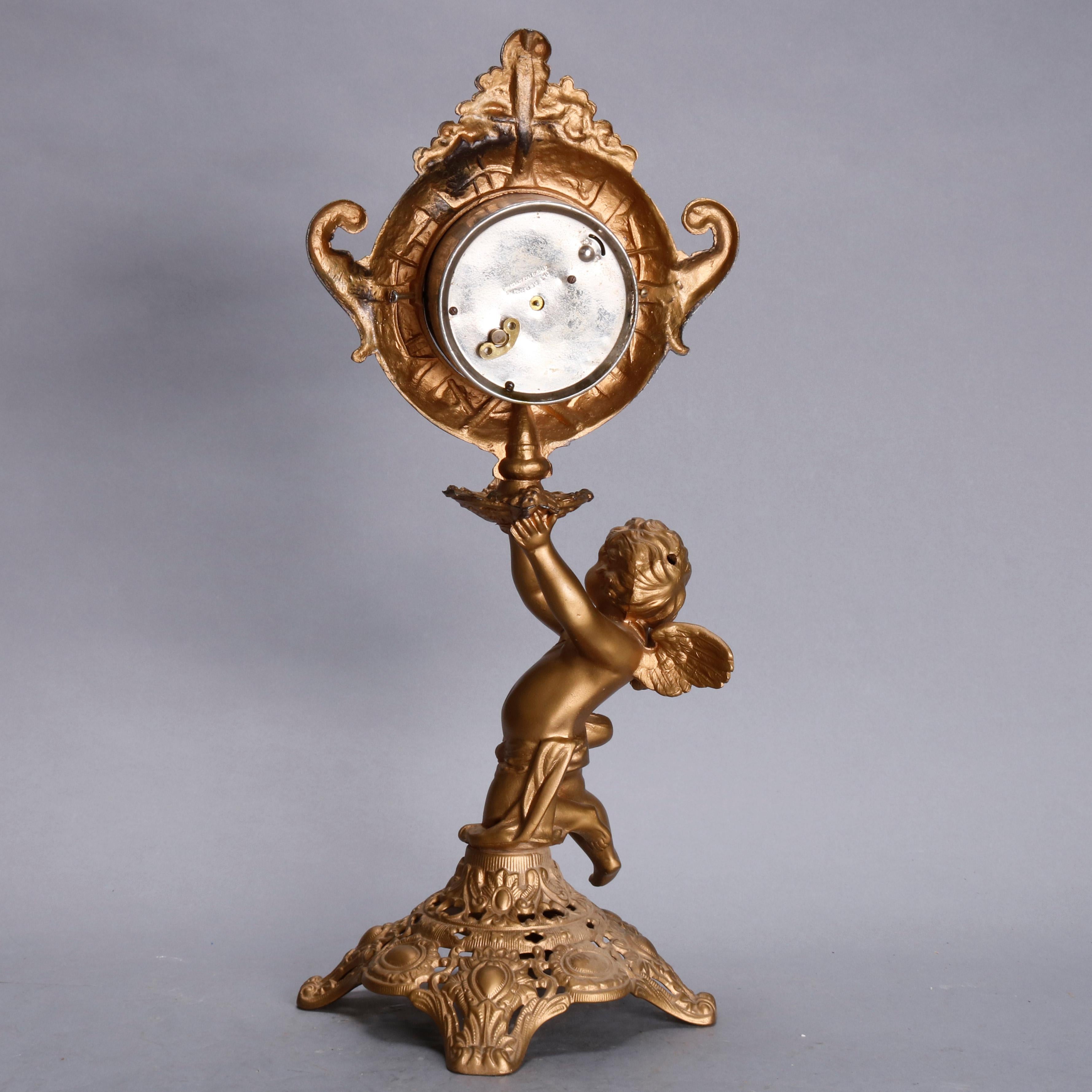 Cast Victorian Style Gilt Metal Figural Classical Cherub Mantel Clock, 20th Century