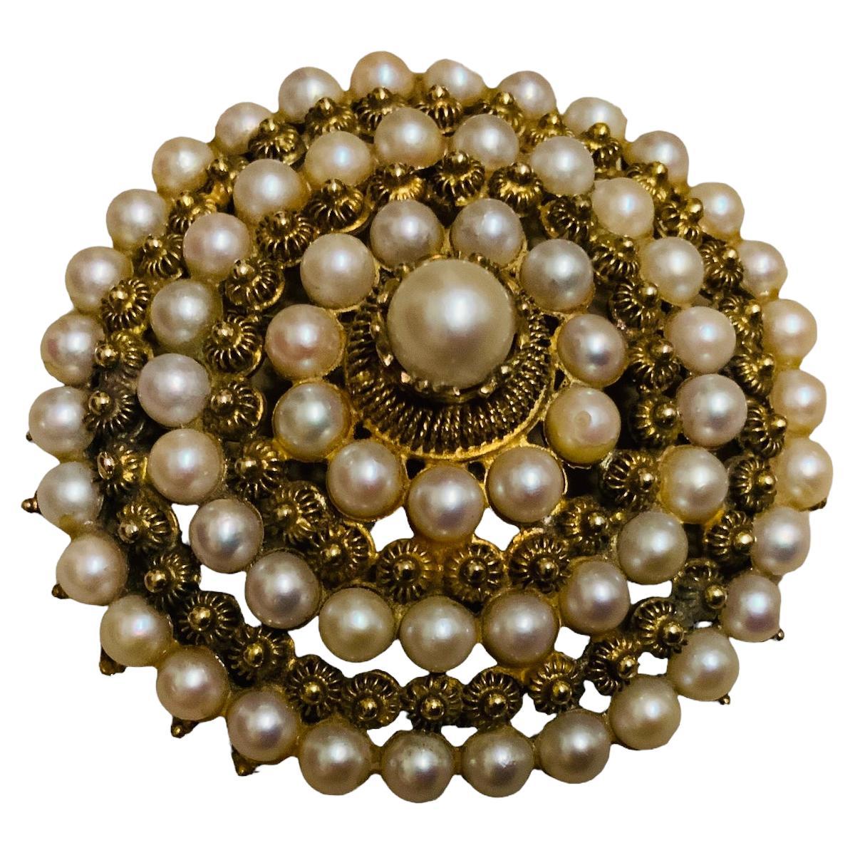 Victorian Style Gold and Pearls Brooch For Sale