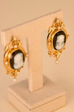 Victorian Style Gold Earrings with Agate Cameos and Pearls