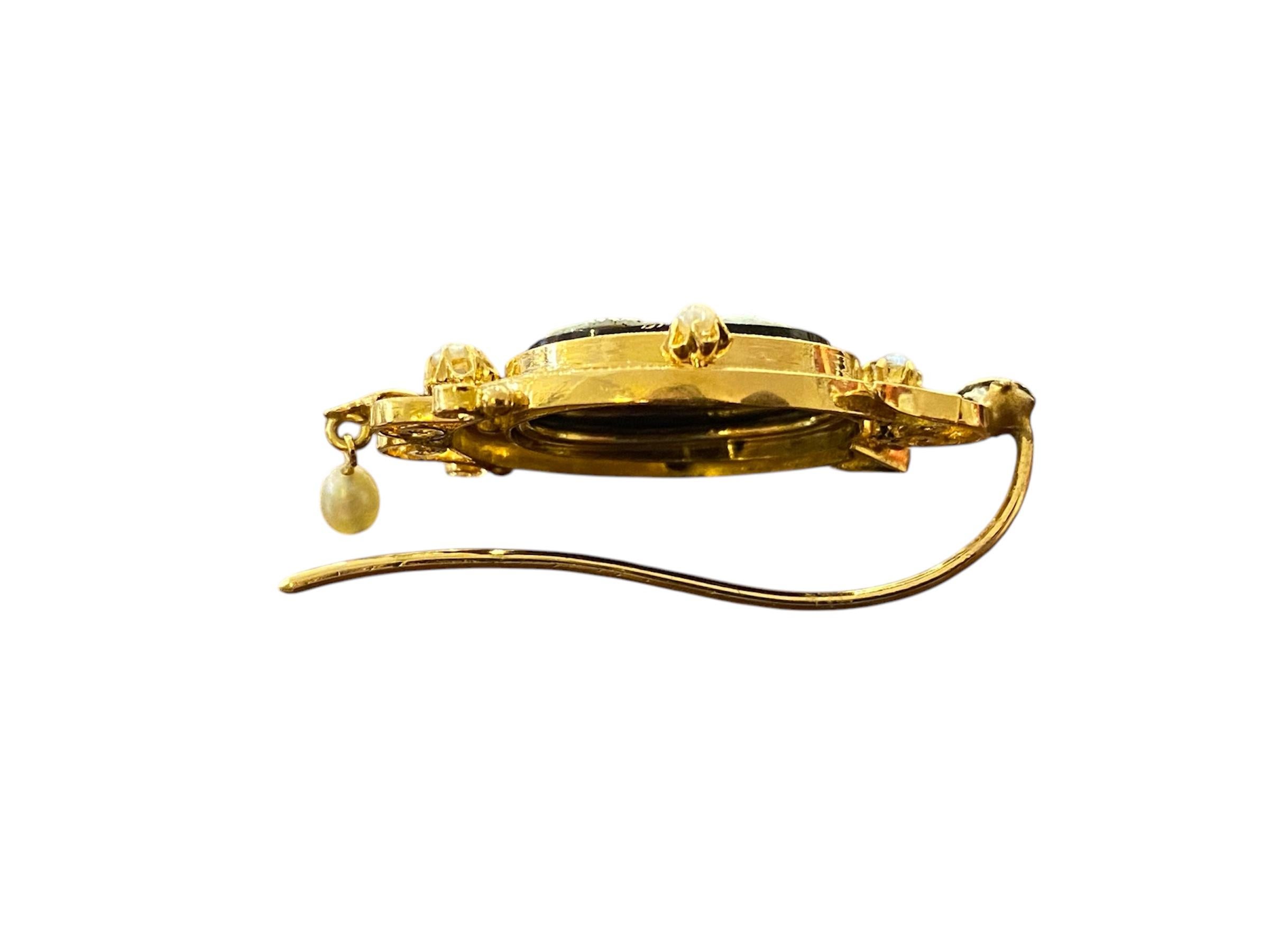 Oval Cut Victorian Style Gold Earrings with Agate Cameos and Pearls For Sale