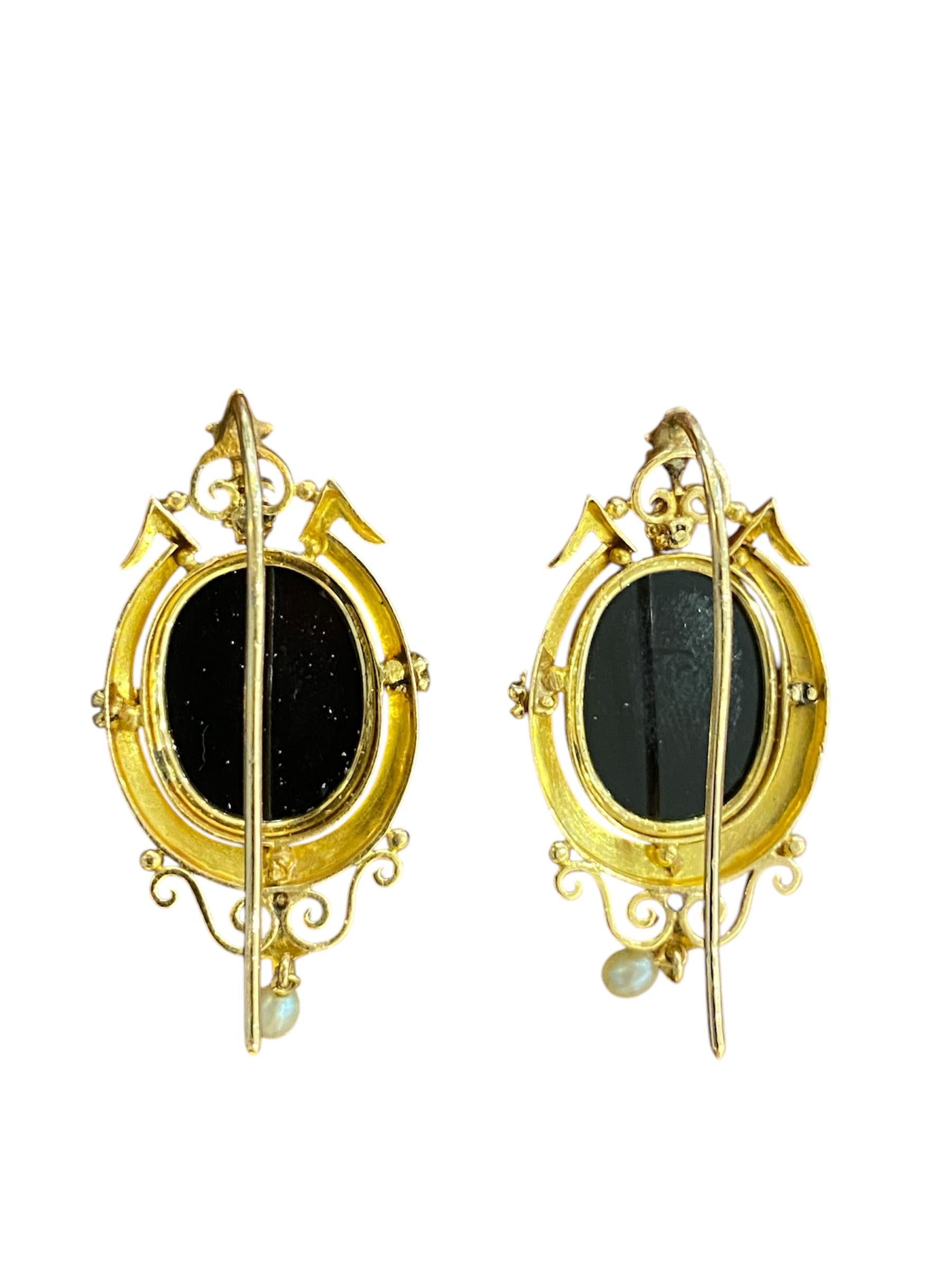 Women's or Men's Victorian Style Gold Earrings with Agate Cameos and Pearls For Sale