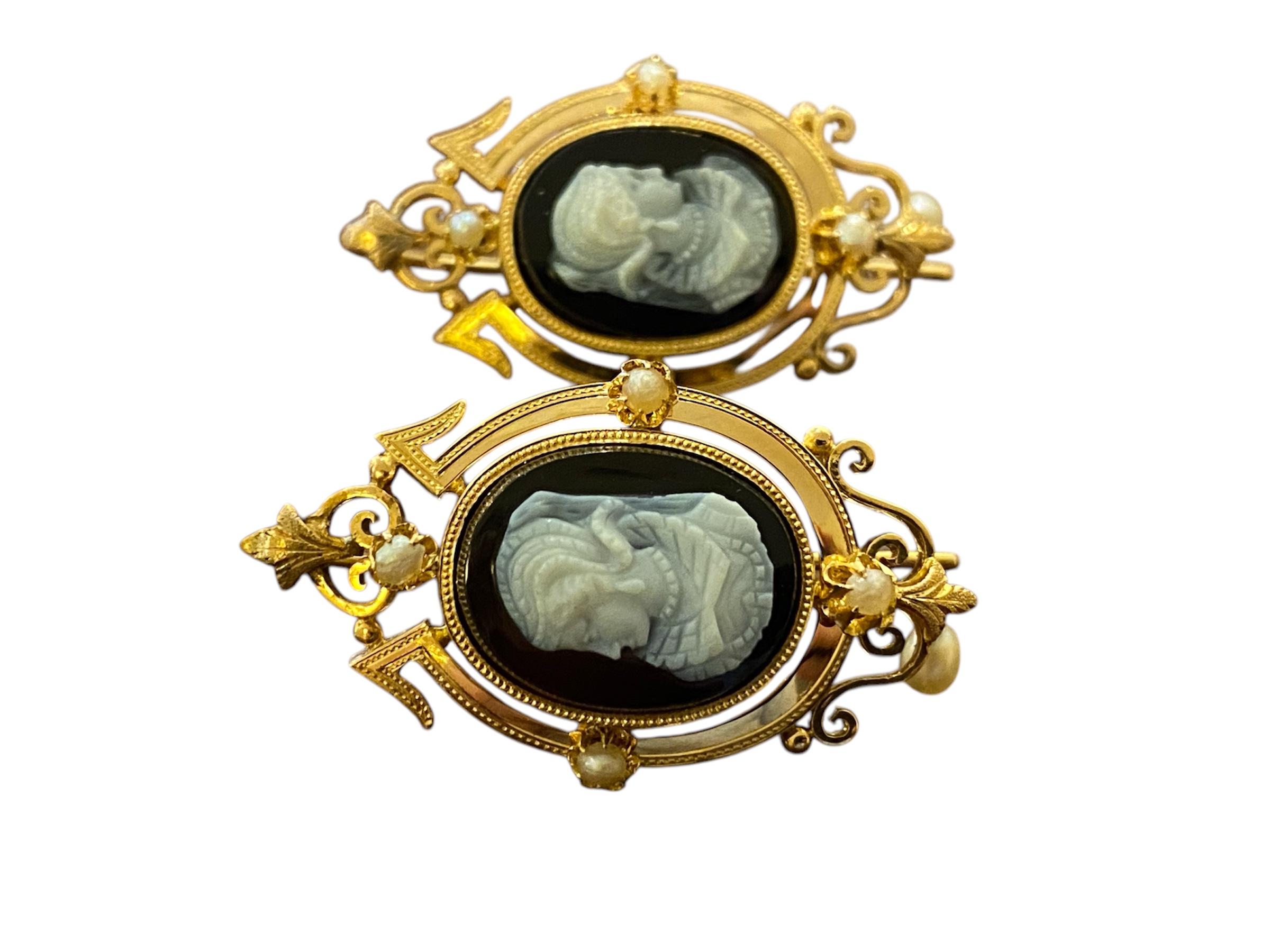 Victorian Style Gold Earrings with Agate Cameos and Pearls For Sale 1