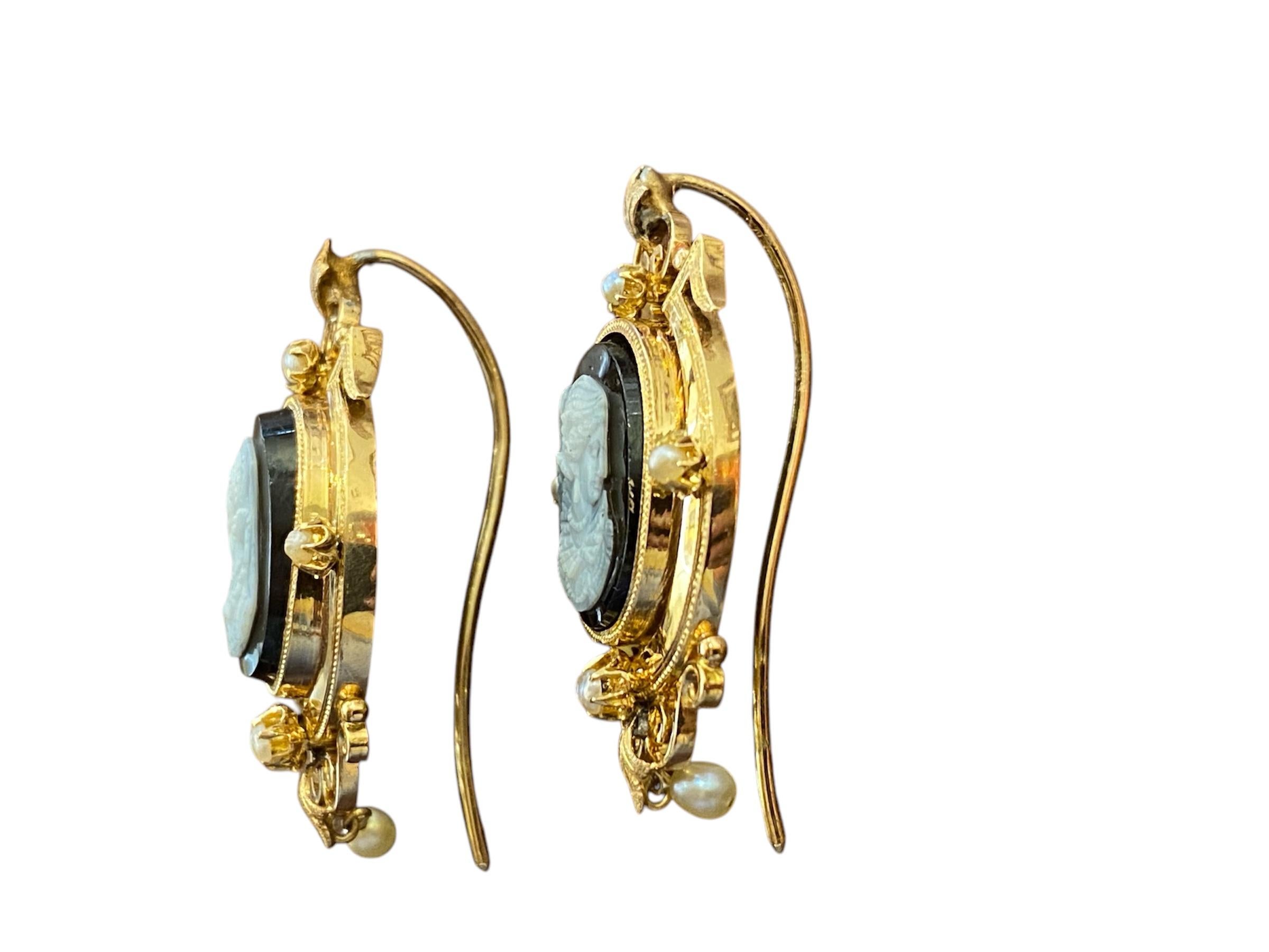 Victorian Style Gold Earrings with Agate Cameos and Pearls For Sale 2