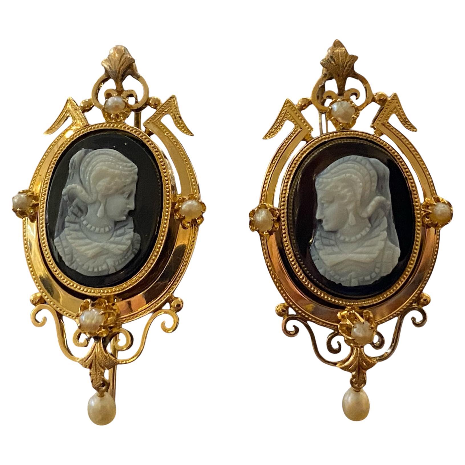 Victorian Style Gold Earrings with Agate Cameos and Pearls For Sale