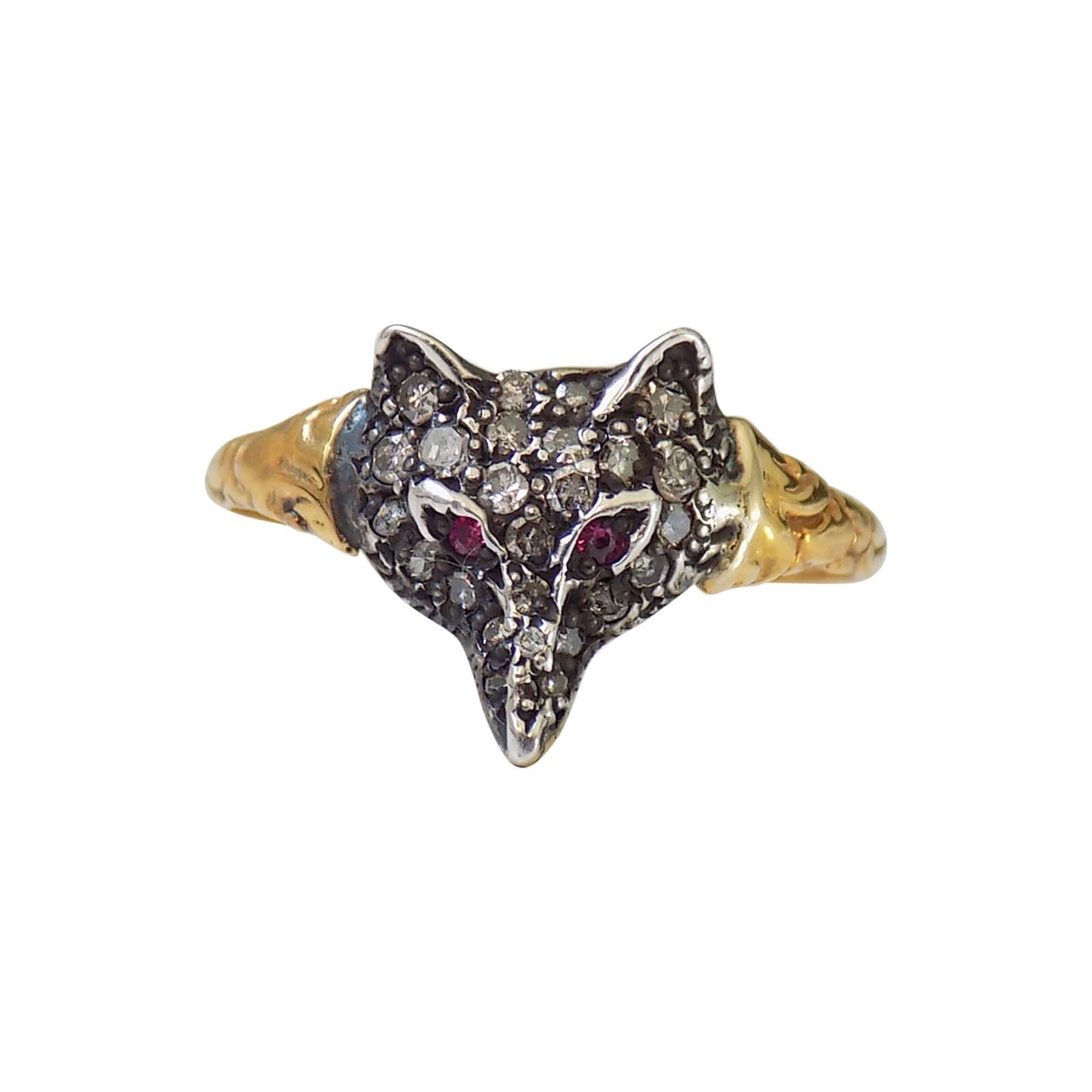 Victorian Style Gold Silver Diamond Fox Head Mask Ring