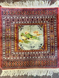Victorian Style Hand Knotted Persian Prayer Wool Rug Depicting Two Parakeets