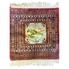 Victorian Style Hand Knotted Persian Prayer Wool Rug Depicting Two Parakeets