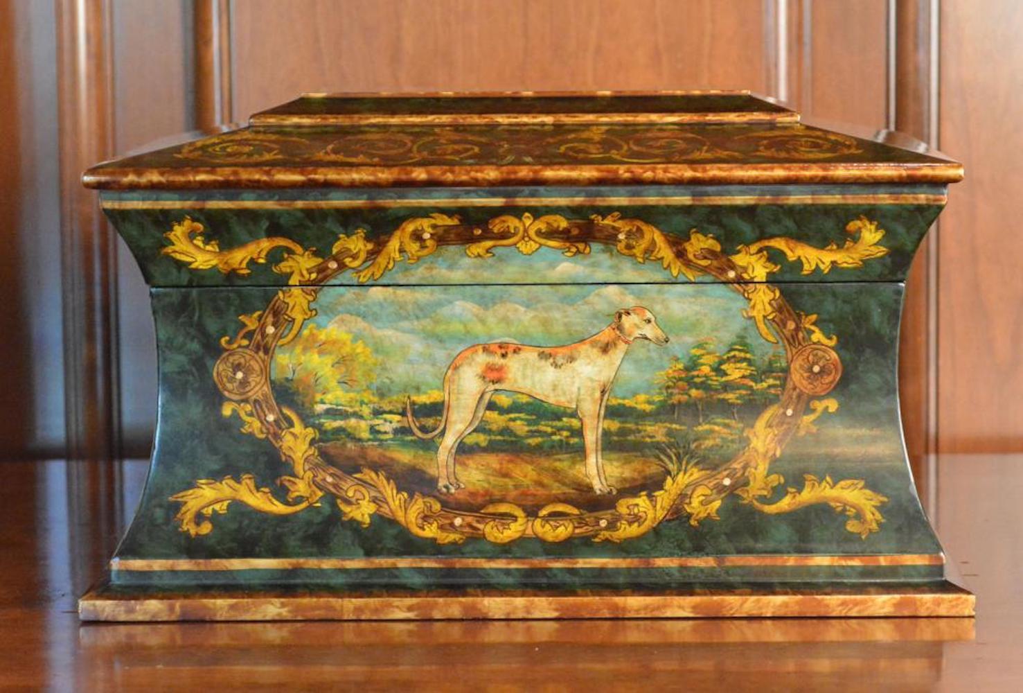 Decorated with mythological animals, a dog, and hare. Gilt decorations. Measure: 20