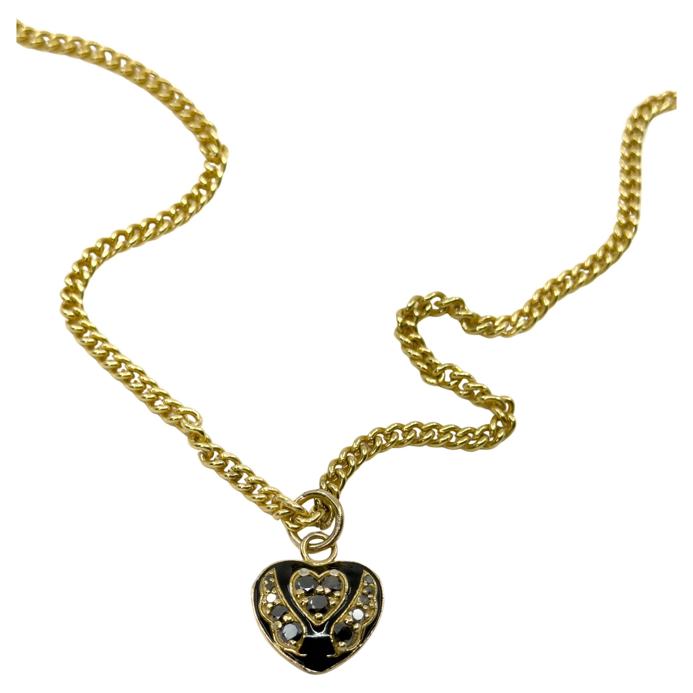 Victorian Style Heart Necklace Black Diamond Black Enamel