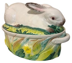 Victorian Style Italian Hand Painted Rabbit Form Ceramic Tureen Centerpiece