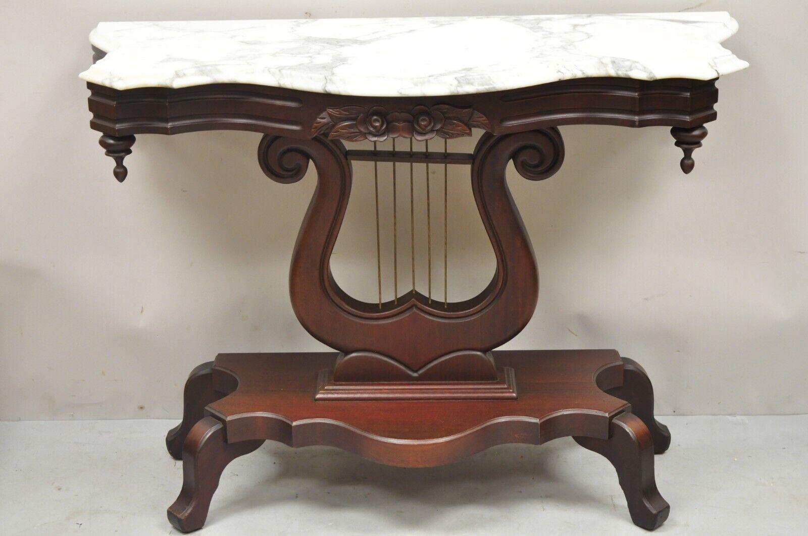 Victorian Style J.B. Van Sciver Marble Top Mahogany Harp Lyre Console Table 4