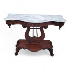 Victorian Style J.B. Van Sciver Marble Top Mahogany Harp Lyre Console Table