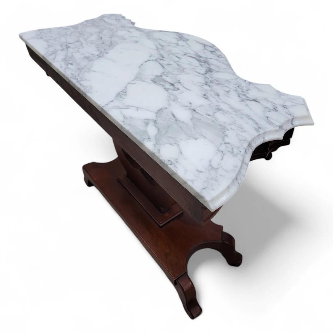 Unknown Victorian Style J.B. Van Sciver Marble Top Mahogany Harp Lyre Console Table For Sale