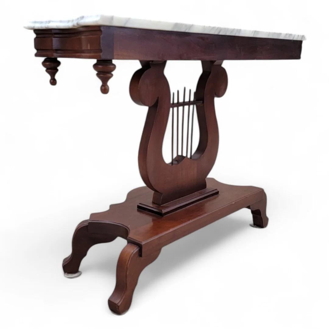 Victorian Style J.B. Van Sciver Marble Top Mahogany Harp Lyre Console Table In Good Condition For Sale In Chicago, IL